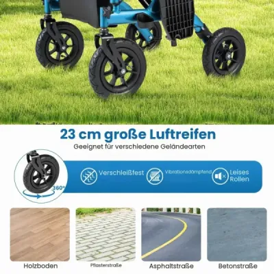 Rollator s pneumatikami skladací a ľahký so sedadlom 2 v 1 invalidný vozík a cestovný rollator Modrá