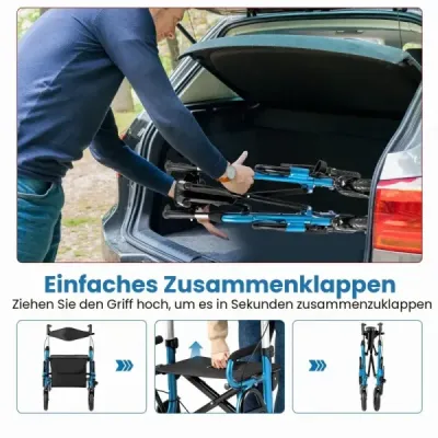 Rollator s pneumatikami skladací a ľahký so sedadlom 2 v 1 invalidný vozík a cestovný rollator Modrá