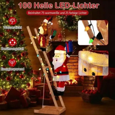 166 cm vysoký svietiaci sob a Otec Vianoc na rebríku so 100 LED svetlami XXL