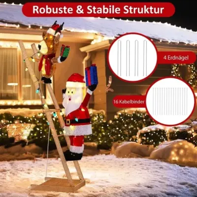 166 cm vysoký svietiaci sob a Otec Vianoc na rebríku so 100 LED svetlami XXL