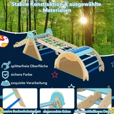 Súprava preliezačiek 9 v 1 Montessori s lezeckým oblúkom a lezeckým lanom a rebríkom Drevený lezecký trojuholník modrý
