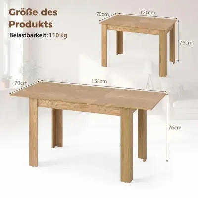 Rozťahovací jedálenský stôl – moderný kuchynský stôl s nastaviteľnou doskou a nohami v tvare L, prírodný, 158 x 70 x 76 cm