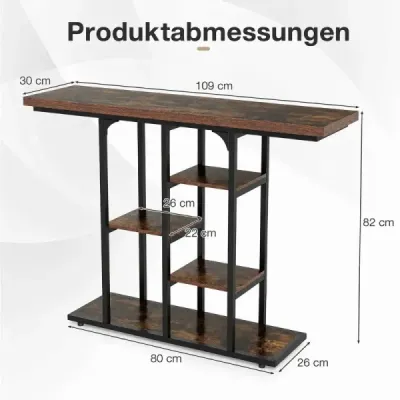 Konzolový stolík 109 cm Úzky stolík k pohovke so 4 odkladacími plochami a oceľovým rámom s nosnosťou do 130 kg, hnedý