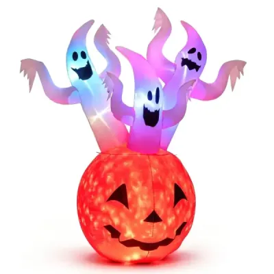 Nafukovacia halloweenská dekorácia do exteriéru, 185 cm, s tekvicou, 3 duchmi a farebnými LED svetielkami