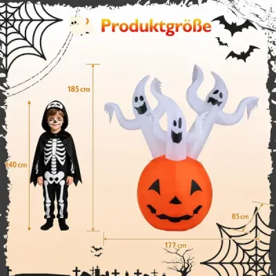 Nafukovacia halloweenská dekorácia do exteriéru, 185 cm, s tekvicou, 3 duchmi a farebnými LED svetielkami