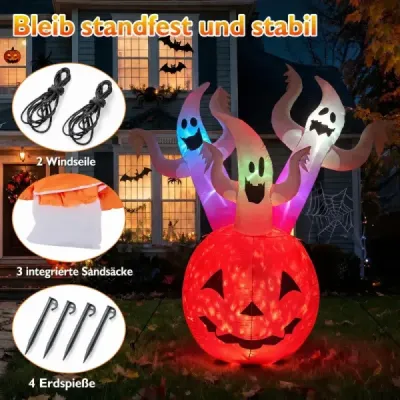 Nafukovacia halloweenská dekorácia do exteriéru, 185 cm, s tekvicou, 3 duchmi a farebnými LED svetielkami