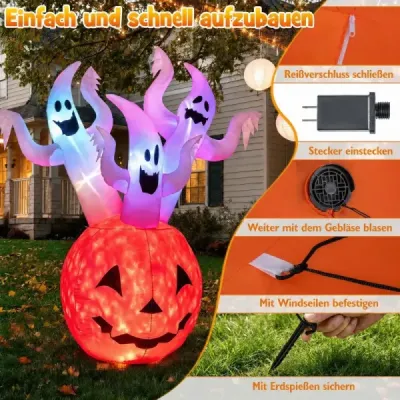 Nafukovacia halloweenská dekorácia do exteriéru, 185 cm, s tekvicou, 3 duchmi a farebnými LED svetielkami