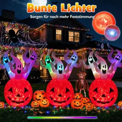 Nafukovacia halloweenská dekorácia do exteriéru, 185 cm, s tekvicou, 3 duchmi a farebnými LED svetielkami