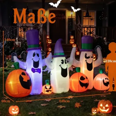 240 cm nafukovacie halloweenské tekvice s 3 duchmi – roztomilá halloweenská dekorácia s LED osvetlením