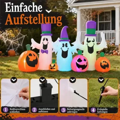 240 cm nafukovacie halloweenské tekvice s 3 duchmi – roztomilá halloweenská dekorácia s LED osvetlením
