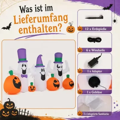 240 cm nafukovacie halloweenské tekvice s 3 duchmi – roztomilá halloweenská dekorácia s LED osvetlením