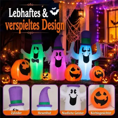 240 cm nafukovacie halloweenské tekvice s 3 duchmi – roztomilá halloweenská dekorácia s LED osvetlením
