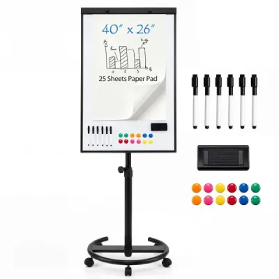 Prenosný flipchart 100 x 65 cm so stojanom a kolieskami, biela tabuľa 149–196 cm, výškovo nastaviteľná, čierna