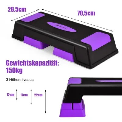 Aerobický stepper s nastaviteľnou výškou a 3 úrovňami (12 / 17 / 22 cm), fialový