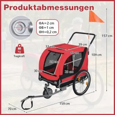 2 v 1 príves za bicykel pre psov s otvárateľnou strechou, kočík pre psov do 80 kg, univerzálny záves na bicykel, červený
