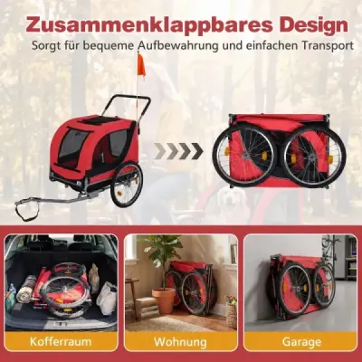 2 v 1 príves za bicykel pre psov s otvárateľnou strechou, kočík pre psov do 80 kg, univerzálny záves na bicykel, červený