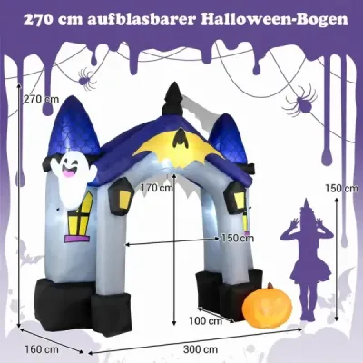 Nafukovací halloweenský oblúk, 270 cm, s LED osvetlením a svietiacim duchom