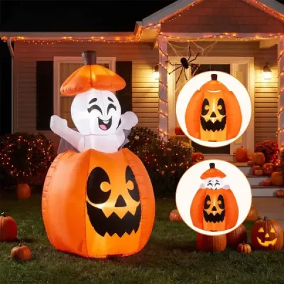 150 cm nafukovacia halloweenská tekvica so stúpajúcim duchom a LED osvetlením