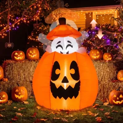 150 cm nafukovacia halloweenská tekvica so stúpajúcim duchom a LED osvetlením