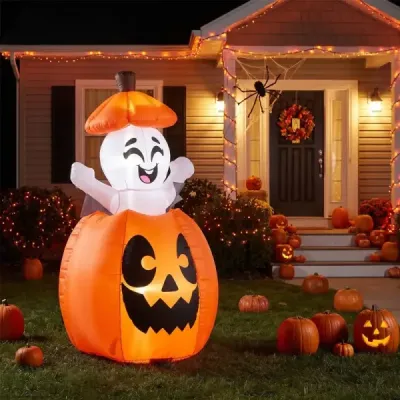 150 cm nafukovacia halloweenská tekvica so stúpajúcim duchom a LED osvetlením
