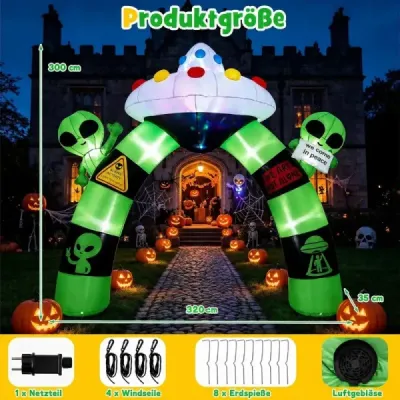 300 cm nafukovací halloweenský oblúk s mimozemšťanmi a UFO – halloweenská dekorácia do exteriéru s 8 kolíkmi do zeme