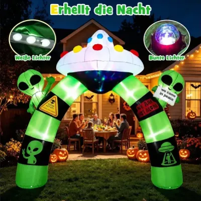 300 cm nafukovací halloweenský oblúk s mimozemšťanmi a UFO – halloweenská dekorácia do exteriéru s 8 kolíkmi do zeme