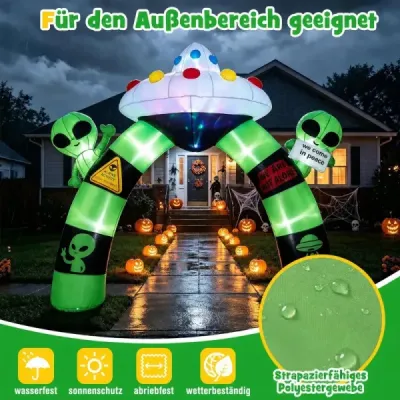 300 cm nafukovací halloweenský oblúk s mimozemšťanmi a UFO – halloweenská dekorácia do exteriéru s 8 kolíkmi do zeme