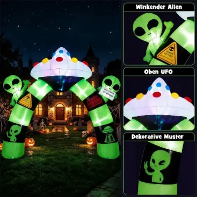 300 cm nafukovací halloweenský oblúk s mimozemšťanmi a UFO – halloweenská dekorácia do exteriéru s 8 kolíkmi do zeme