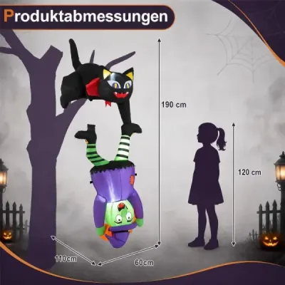 Nafukovacia halloweenská dekorácia s čarodejnicou a čiernou mačkou na vonkajšie párty a schodisko