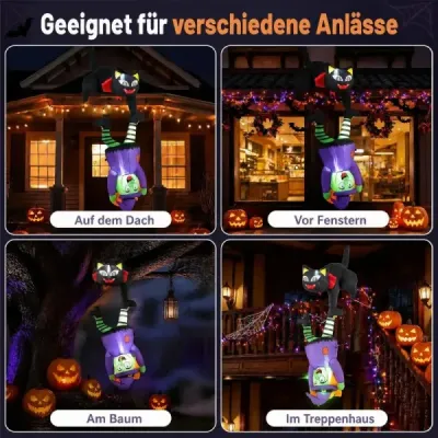 Nafukovacia halloweenská dekorácia s čarodejnicou a čiernou mačkou na vonkajšie párty a schodisko