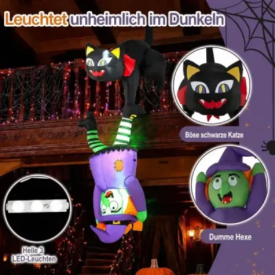 Nafukovacia halloweenská dekorácia s čarodejnicou a čiernou mačkou na vonkajšie párty a schodisko
