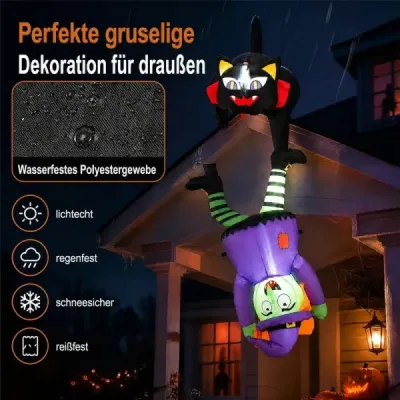 Nafukovacia halloweenská dekorácia s čarodejnicou a čiernou mačkou na vonkajšie párty a schodisko