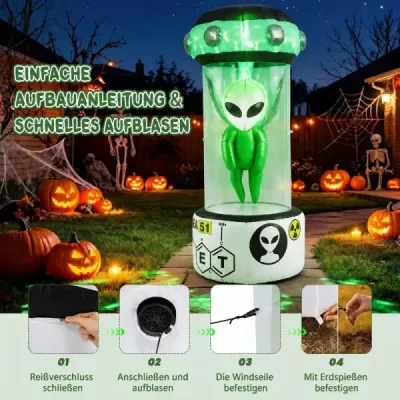 Halloweenský nafukovací mimozemšťan 225 cm s vesmírnou kapsulou a LED osvetlením do záhrady