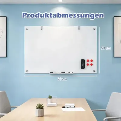 Sklenená magnetická tabuľa 60 x 90 cm, magnetická stena, na ktorú sa dá písať a z ktorej sa dá zotrieť, bezrámová biela tabuľa