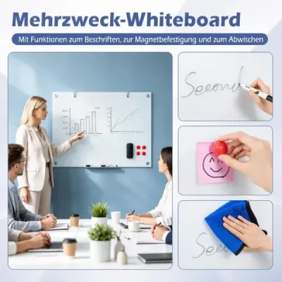 Sklenená magnetická tabuľa 60 x 90 cm, magnetická stena, na ktorú sa dá písať a z ktorej sa dá zotrieť, bezrámová biela tabuľa