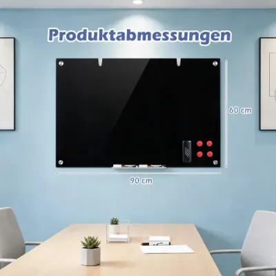 Sklenená magnetická tabuľa 60 x 90 cm, magnetická stena, na ktorú sa dá písať a z ktorej sa dá zotrieť, bezrámová, čierna