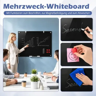 Sklenená magnetická tabuľa 60 x 90 cm, magnetická stena, na ktorú sa dá písať a z ktorej sa dá zotrieť, bezrámová, čierna