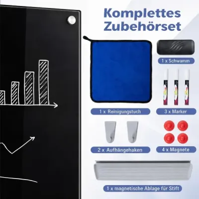 Sklenená magnetická tabuľa 60 x 90 cm, magnetická stena, na ktorú sa dá písať a z ktorej sa dá zotrieť, bezrámová, čierna