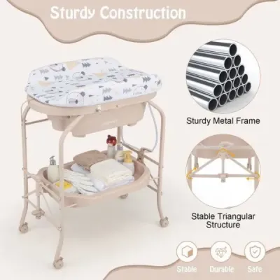 Detský prebaľovací pult s vaničkou Prenosný prebaľovací pult s PVC doskou 86 x 50 x 100 cm Béžová
