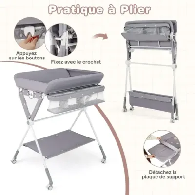 Prenosný prebaľovací pult skladací prebaľovací pult s 3-stupňovým nastavením výšky a aretovateľnými kolieskami Sivý