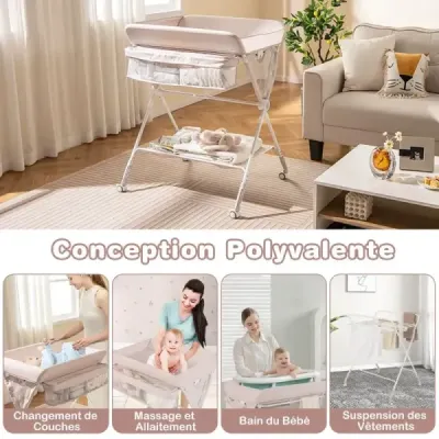 Prenosný prebaľovací pult skladací prebaľovací pult s 3-stupňovým nastavením výšky a aretovateľnými kolieskami prírodný