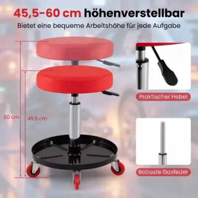 Okrúhla dielenská stolička s kolieskami a segmentovanou odkladacou plochou na náradie montážna stolička s nastaviteľnou výškou 45,5–60 cm