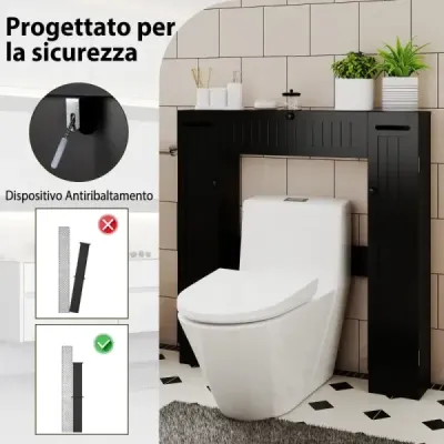 Polička nad WC Voľne stojaca kúpeľňová skrinka s nastaviteľnými policami Držiak na toaletný papier čierny