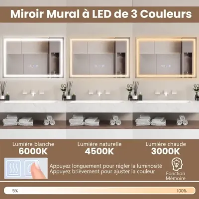 Kúpeľňové zrkadlo s vyhrievaním zrkadla proti zahmlievaniu LED zrkadlo stmievateľné kúpeľňové zrkadlo 3000K-6000K 60 x 40 cm