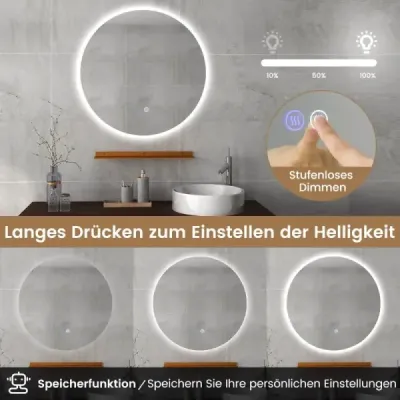 Ø60cm Okrúhle kúpeľňové zrkadlo s osvetlením a dotykovým spínačom a pamäťovou funkciou Nástenné zrkadlo