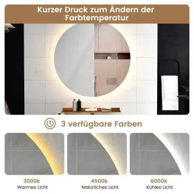Ø60cm Okrúhle kúpeľňové zrkadlo s osvetlením a dotykovým spínačom a pamäťovou funkciou Nástenné zrkadlo