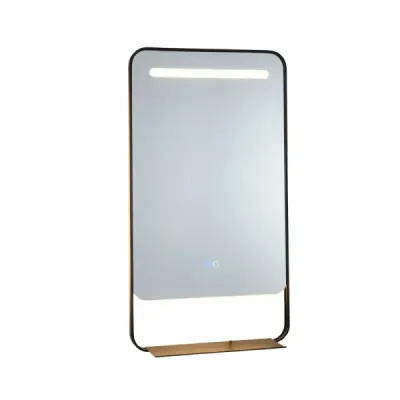 80 x 60 cm LED kúpeľňové zrkadlo s odkladacou plochou Hliníkový rám Kozmetické zrkadlo Zlaté