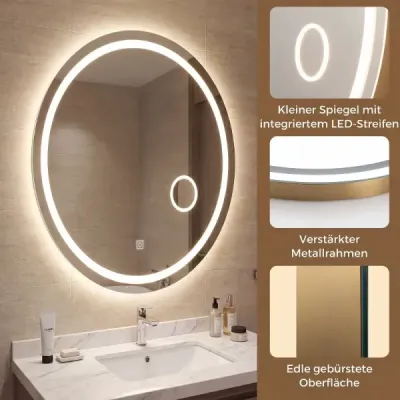 Kúpeľňové zrkadlo s osvetlením 60 x 50 cm Oválne stmievateľné LED nástenné zrkadlo s 3 farbami svetla