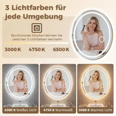 Kúpeľňové zrkadlo s osvetlením 60 x 50 cm Oválne stmievateľné LED nástenné zrkadlo s 3 farbami svetla