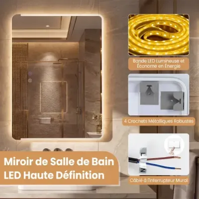 LED kúpeľňové zrkadlo s protizamlžovacím efektom, stmievateľné osvetlené kozmetické zrkadlo 70 x 50 cm